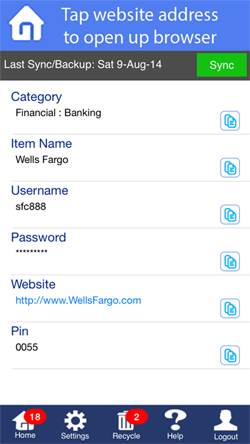 aMemoryJog iPhone Password Manager Item Detail Page