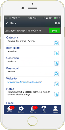 Features of aMemoryJog Password Manager App for iPhone